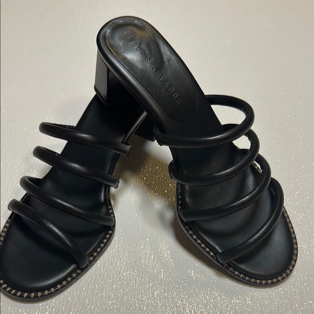 Freda Salvador Black Multi-Strap Leather Block Heel Mules size 8.5